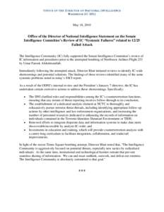 OFFICE OF THE DIRECTOR OF NATIONAL INTELLIGENCE WASHINGTON, DC[removed]May 18, 2010  Office of the Director of National Intelligence Statement on the Senate