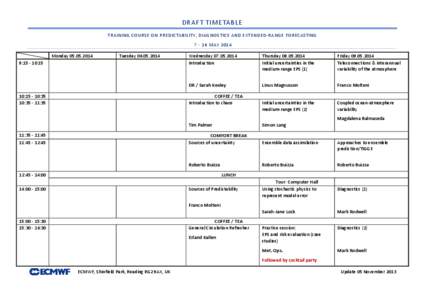 DRAFT TIMETABLE TRAINING COURSE ON PREDICTABILITY, DIAGNOSTICS AND EXTENDED-RANGE FORECASTING[removed]MAY 2014 Monday[removed]Tuesday[removed]