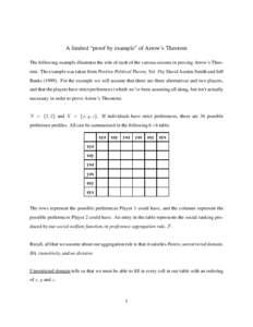 A limited “proof by example” of Arrow’s Theorem The following example illustrates the role of each of the various axioms in proving Arrow’s Theorem. The example was taken from Positive Political Theory, Vol. I by