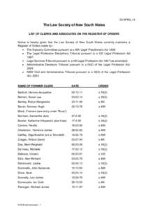 List of clerks and Associates on the Register of Orders - 3 April 2014