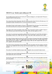 100 DAYS to go - Numbers game adding up to[removed]The only debutant side at the 2014 FIFA World Cup™ are Bosnia-Herzegovina, who become the 77th team to take part in the FIFA World Cup finals.