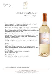 Le Cloud LoupIGP . VDP*) Soft, sweetness and light Grape varieties: 80% Pinot gris and 20% Sauvignon Gris, Pinot gris was better known in our area as the “Malvoisie”. Terroir: Pinot Gris is located on Silty-sa