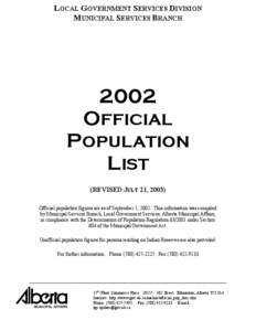 LOCAL GOVERNMENT SERVICES DIVISION MUNICIPAL SERVICES BRANCH 2002 OFFICIAL POPULATION
