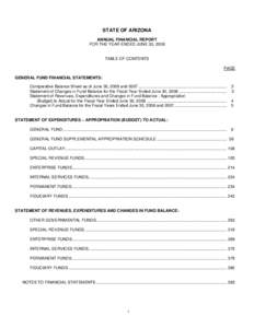 STATE OF ARIZONA ANNUAL FINANCIAL REPORT FOR THE YEAR ENDED JUNE 30, 2008 TABLE OF CONTENTS PAGE
