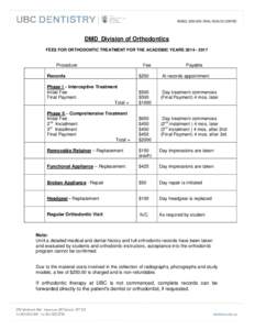 DMD Division of Orthodontics FEES FOR ORTHODONTIC TREATMENT FOR THE ACADEMIC YEARS[removed]Procedure  Fee