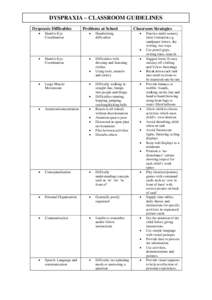 DYSPRAXIA – CLASSROOM GUIDELINES Dyspraxic Difficulties • Hand to Eye Coordination