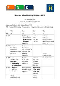 Summer School NeurophilosophyJune 2017 University of Magdeburg, Germany Augustana College, Rock Island, Illinois, USA  PNK-Program (Philosophy – Neuroscience – Cognition), University of Magdeburg
