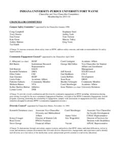 INDIANA UNIVERSITY-PURDUE UNIVERSITY FORT WAYNE Chancellor and Vice Chancellor Committees Membership for[removed]CHANCELLOR COMMITTEES Campus Safety Committee* (appointed by the Chancellor) January 1990 Craig Campbell