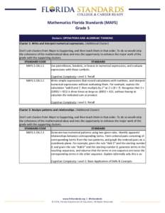 Mathematics	
  Florida	
  Standards	
  (MAFS)	
   Grade	
  5	
   	
   Domain:	
  OPERATIONS	
  AND	
  ALGEBRAIC	
  THINKING	
   Cluster	
  1:	
  Write	
  and	
  interpret	
  numerical	
  expressions.	
 