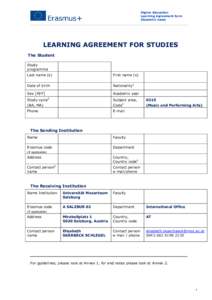 Higher Education Learning Agreement form Student’s name LEARNING AGREEMENT FOR STUDIES The Student