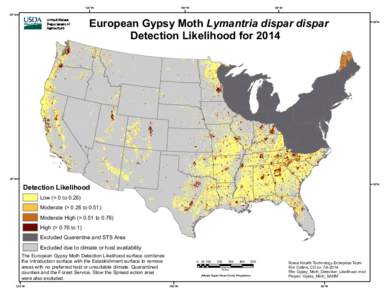 120°W  80°W European Gypsy Moth Lymantria dispar dispar Detection Likelihood for 2014