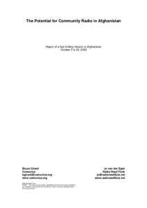 The Potential for Community Radio in Afghanistan  Report of a fact-finding mission to Afghanistan October 5 to 22, 2002  Bruce Girard