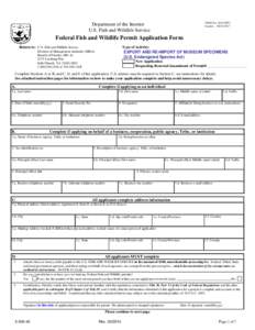 U.S. Fish and Wildlife Service Form[removed]:  Permit Application for Export and Re-Import of Museum Specimens