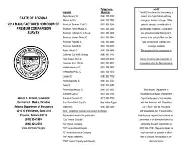 STATE OF ARIZONA 2014 MANUFACTURED HOMEOWNER PREMIUM COMPARISON SURVEY  Janice K. Brewer, Governor