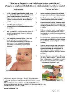 “¡Preparar la comida de bebé con frutas y verduras!” ¡Preparar su propia comida de bebé es un hábito saludable y una tarea sencilla! Qué hay que hacer: Qué necesita: 