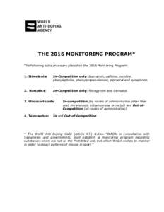THE 2016 MONITORING PROGRAM* The following substances are placed on the 2016 Monitoring Program: 1. Stimulants: In-Competition only: Bupropion, caffeine, nicotine, phenylephrine, phenylpropanolamine, pipradrol and syneph