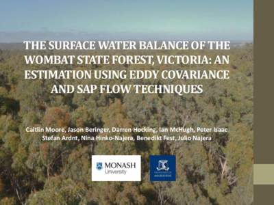 THE SURFACE WATER BALANCE OF THE WOMBAT STATE FOREST, VICTORIA: AN ESTIMATION USING EDDY COVARIANCE AND SAP FLOW TECHNIQUES  Caitlin Moore, Jason Beringer, Darren Hocking, Ian McHugh, Peter Isaac
