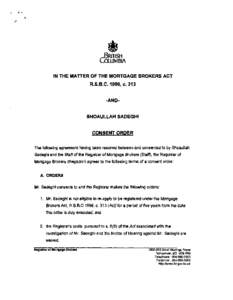 Consent order under Mortgage Broker Act for R.S.B.C[removed]c313 and Shoaullah Sadeghi