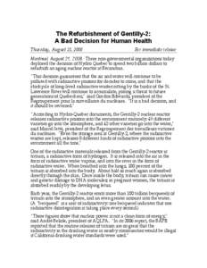 The Refurbishment of Gentilly-2: A Bad Decision for Human Health Thursday, August 21, 2008 For immediate release