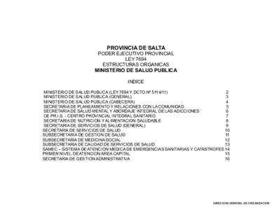 PROVINCIA DE SALTA PODER EJECUTIVO PROVINCIAL LEY 7694 ESTRUCTURAS ORGANICAS  MINISTERIO DE SALUD PUBLICA