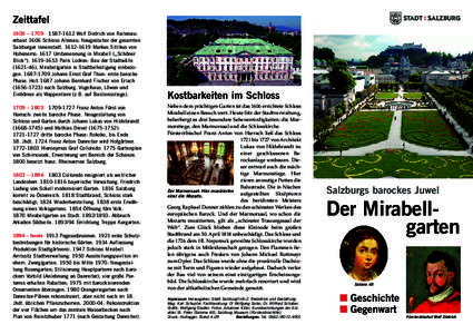 Zeittafel 1606 – [removed]Wolf Dietrich von Raitenau: erbaut 1606 Schloss Altenau; Neugestalter der gesamten Salzburger Innenstadt[removed]Markus Sittikus von Hohenems: 1617 Umbenennung in Mirabell („Schöne