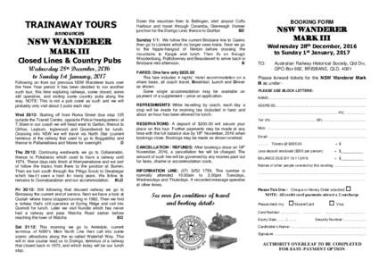 TRAINAWAY TOURS announces NSW WANDERER MARK III Closed Lines & Country Pubs