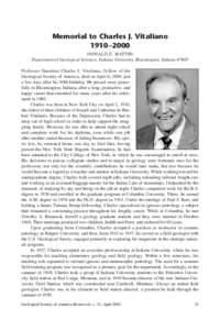 Memorial to Charles J. Vitaliano 1910–2000 DONALD E. HATTIN Department of Geological Sciences, Indiana University, Bloomington, Indiana[removed]Professor Emeritus Charles J. Vitaliano, Fellow of the Geological Society of