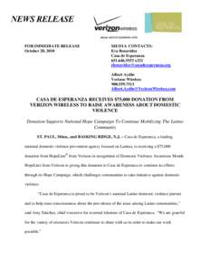 FOR IMMEDIATE RELEASE October 20, 2010 MEDIA CONTACTS: Eva Benavidez Casa de Esperanza