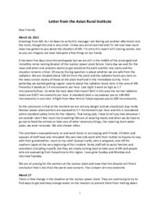 Letter from the Asian Rural Institute