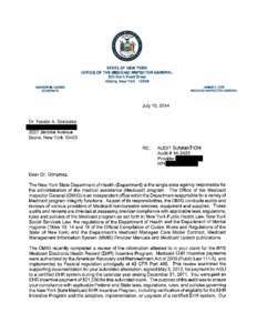 STATE OF NEW YORK OFFICE OF THE MEDICAID INSPECTOR GENERAL 800 North Pearl Street Albany, New York[removed]ANDREW M. CUOMO GOVERNOR