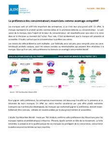 Par AIM - MaiLa préférence des consommateurs mauriciens comme avantage compétitif Les marques sont un actif très important des entreprises, si ce n’est leur plus grand actif. En effet, la marque représente 