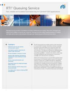RTI Queuing Service ® Fast, reliable and scalable load-balancing for Connext® DDS applications  Message queues provide a foundation for elastic distributed processing. They store messages and