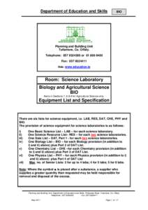 Room: Science Laboratory - Biology and Agricultural Science - B10 - Equipment List & Specification (File Format Word 430KB)