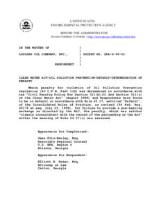 UNITED STATES ENVIRONMENTAL PROTECTION AGENCY BEFORE THE ADMINISTRATOR Decision Published At Website - http://www.epa.gov/aljhomep/orders.htm  IN THE MATTER OF