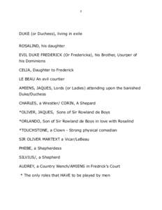 2  DUKE (or Duchess), living in exile ROSALIND, his daughter EVIL DUKE FREDERICK (Or Fredericka), his Brother, Usurper of his Dominions