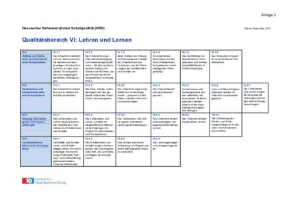 Anlage	
  3	
   Hessischer Referenzrahmen Schulqualität (HRS) Stand: DezemberQualitätsbereich VI: Lehren und Lernen