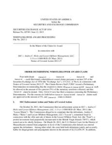 UNITED STATES OF AMERICA before the SECURITIES AND EXCHANGE COMMISSION SECURITIES EXCHANGE ACT OF 1934 Release No[removed]June 12, 2013 WHISTLEBLOWER AWARD PROCEEDING