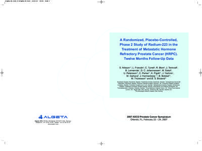 Prostate cancer / Cancer pain / HRPC / Norwegian Radium Hospital / Placebo / Radiation therapy / Øyvind S. Bruland / Medicine / Alpharadin / Radiopharmaceuticals