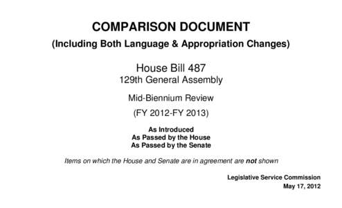 COMPARISON DOCUMENT (Including Both Language & Appropriation Changes) House Bill 487 129th General Assembly Mid-Biennium Review