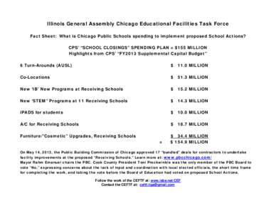 Illinois General Assembly Chicago Educational Facilities Task Force Fact Sheet: What is Chicago Public Schools spending to implement proposed School Actions? CPS’ “SCHOOL CLOSINGS” SPENDING PLAN = $155 MILLION High
