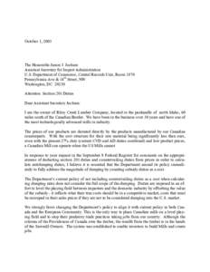 October 1, 2003  The Honorable James J. Jochum Assistant Secretary for Import Administration U.S. Department of Commerce, Central Records Unit, Room 1870 Pennsylvania Ave & 14th Street, NW