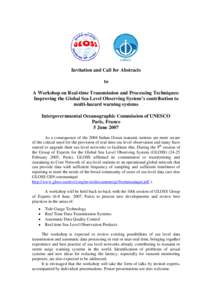 Invitation and Call for Abstracts to A Workshop on Real-time Transmission and Processing Techniques: Improving the Global Sea Level Observing System’s contribution to multi-hazard warning systems Intergovernmental Ocea