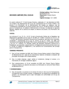 DECISIÓN AMPARO ROL C523-09  Entidad pública: Polla Chilena de Beneficencia S.A. Requirente: Octavio Guerra Salinas.