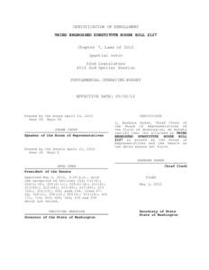 CERTIFICATION OF ENROLLMENT THIRD ENGROSSED SUBSTITUTE HOUSE BILL 2127 Chapter 7, Laws ofpartial veto) 62nd Legislature 2012 2nd Special Session