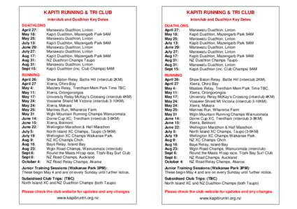 KAPITI RUNNING & TRI CLUB  KAPITI RUNNING & TRI CLUB Interclub and Duathlon Key Dates