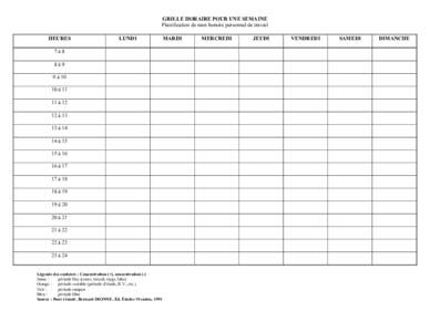 GRILLE HORAIRE POUR UNE SEMAINE Planification de mon horaire personnel de travail HEURES LUNDI