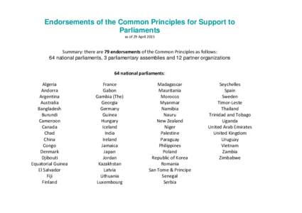 Endorsements of the Common Principles for Support to Parliaments as of 29 April 2015 Summary: there are 79 endorsements of the Common Principles as follows: 64 national parliaments, 3 parliamentary assemblies and 12 part
