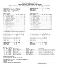 Soccer Box Score (Final) The Automated ScoreBook For Soccer Saint Xavier vs #20 Robert Morris[removed]at Arlington Hts, IL) Saint Xavier[removed]CCAC) vs. Robert Morris[removed]CCAC) Date: [removed]