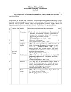 Ministry of External Affairs Development Partnership Administration New Delhi Post/Vacancies for Lecturers/Readers/Professors Under Colombo Plan Technical Cooperation Scheme