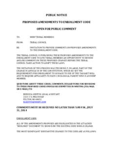 PUBLIC NOTICE PROPOSED AMENDMENTS TO ENROLLMENT CODE OPEN FOR PUBLIC COMMENT TO:  NHBP TRIBAL MEMBERS